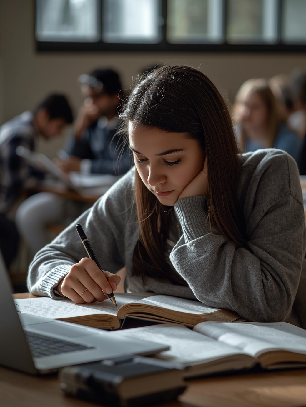 A student focused on writing and studying in a classroom environment