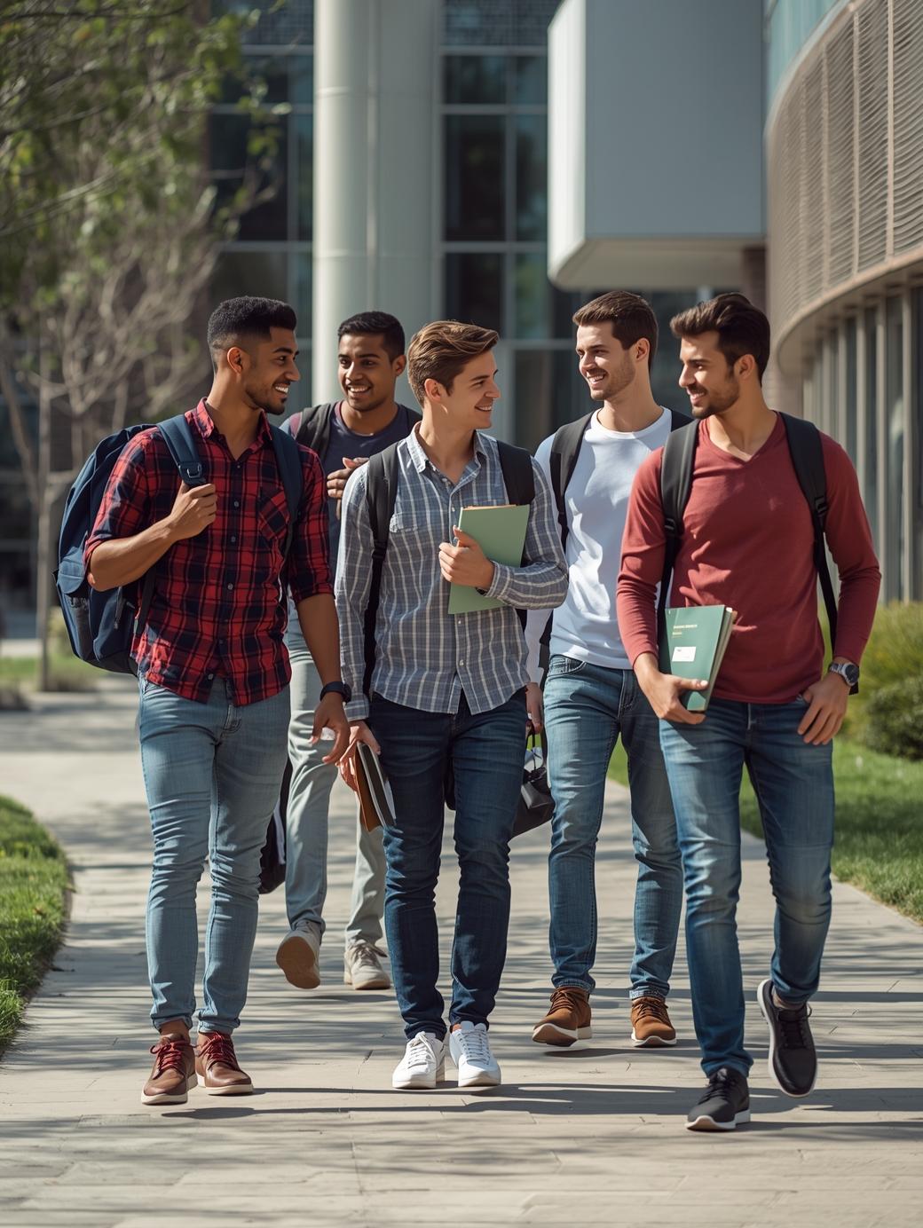 Group of students walking together on campus carrying books and backpacks